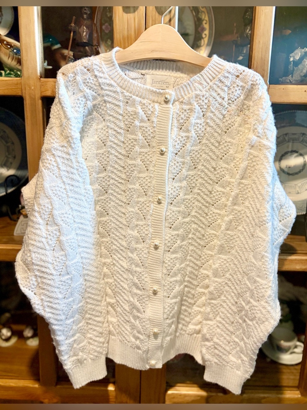 Jantzen White Cable Knit Button-Front Sweater Vintage Size Medium